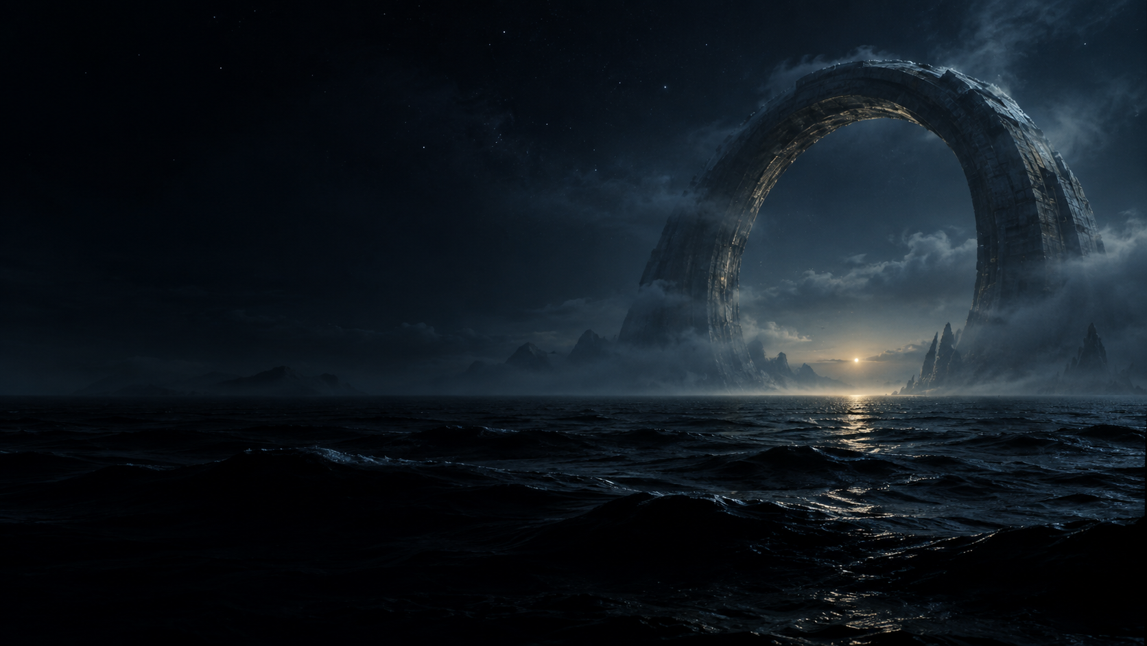 An immense alien structure above a silent ocean beneath a distant star