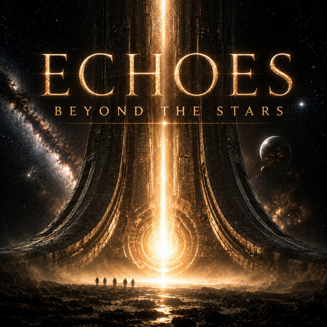 Official Echoes Beyond the Stars album cover: a vast golden megastructure and a small group of explorers beneath a beam of light